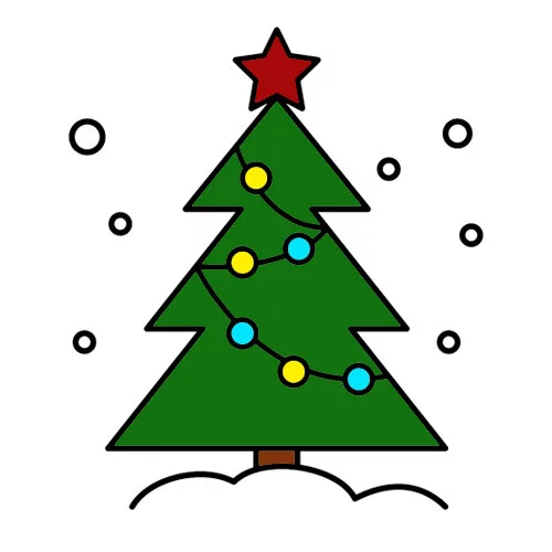 Цветной пример раскраски рождественская елка с гирляндой