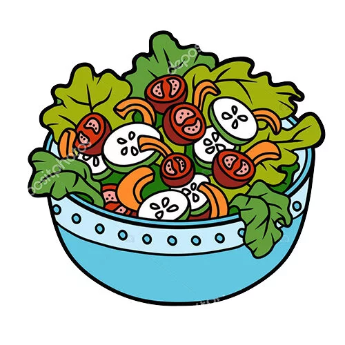 Цветной пример раскраски салат в тарелке с помидорами