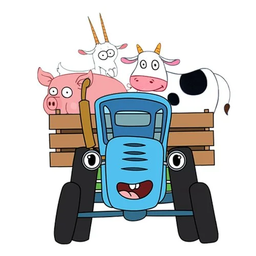 Цветной вариант раскраски синий трактор и животные