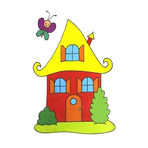 Цветной пример раскраски сказочный домик с бабочкой