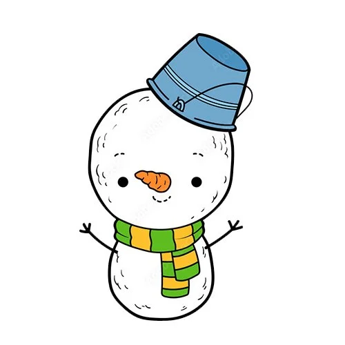 Цветной вариант раскраски смешной снеговик в шарфе