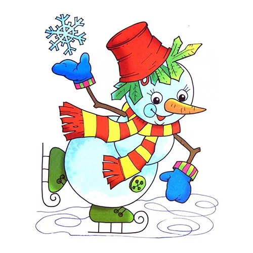 Цветной вариант раскраски снеговик катается на коньках