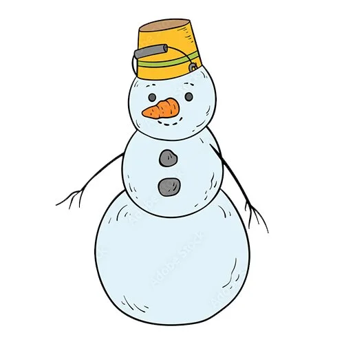 Цветной вариант раскраски снежный снеговик с ведром на голове