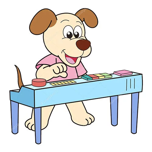 Цветной пример раскраски собака играет музыкант