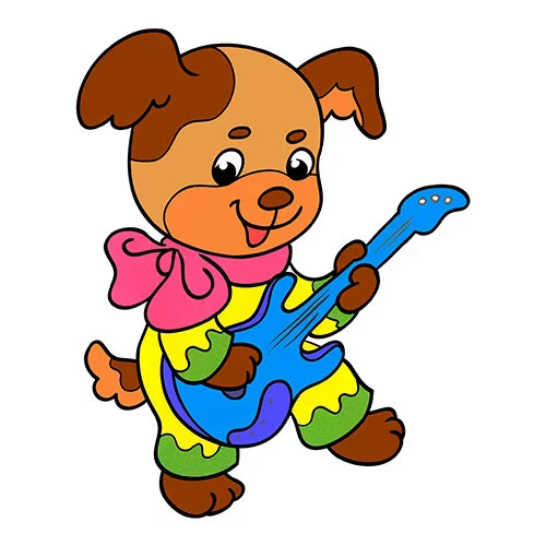 Цветной пример раскраски собака играет на гитаре
