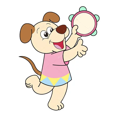 Цветной пример раскраски собака играет с бубном