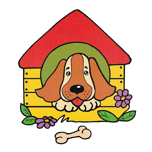 Цветной пример раскраски собака в конуре