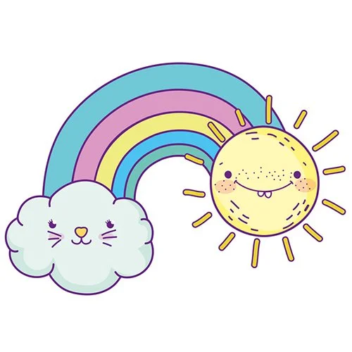 Цветной пример раскраски солнце, радуга и облако