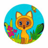 Цветной пример раскраски котенок по имени гав с бабочкой на ухе