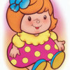 Цветной пример раскраски кукла в платье с бантиком