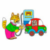 Цветной пример раскраски с цветным образцом кот заправляет машину