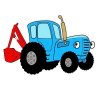 Цветной пример раскраски синий трактор с ковшом