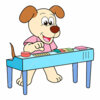 Цветной пример раскраски собака играет музыкант