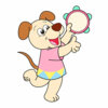 Цветной пример раскраски собака играет с бубном
