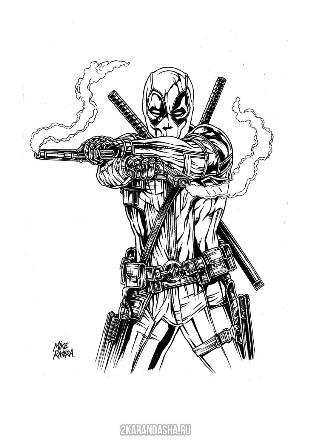 Раскраска дэдпул стреляет из двух рук распечатать