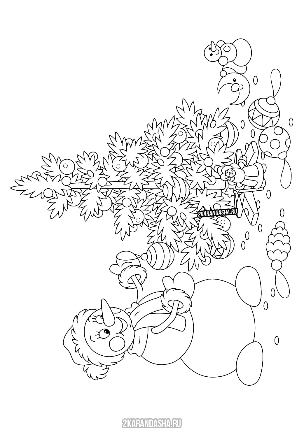Раскраска «Новогодняя елка с шарами и птичками»