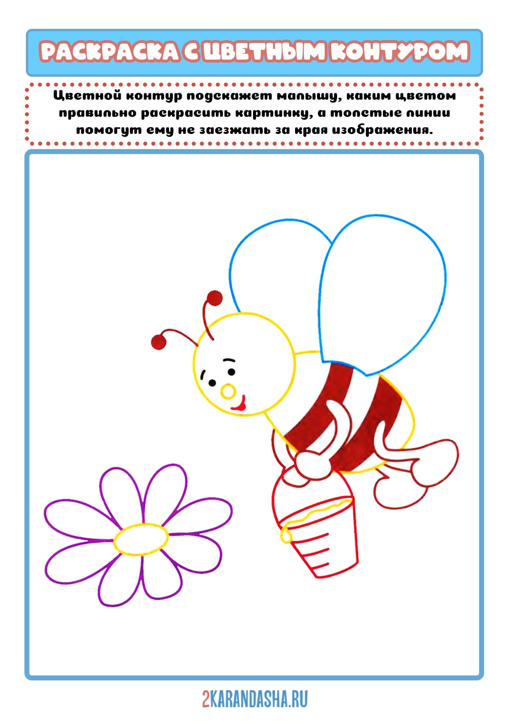 Раскраска с цветным контуром пчелка распечатать