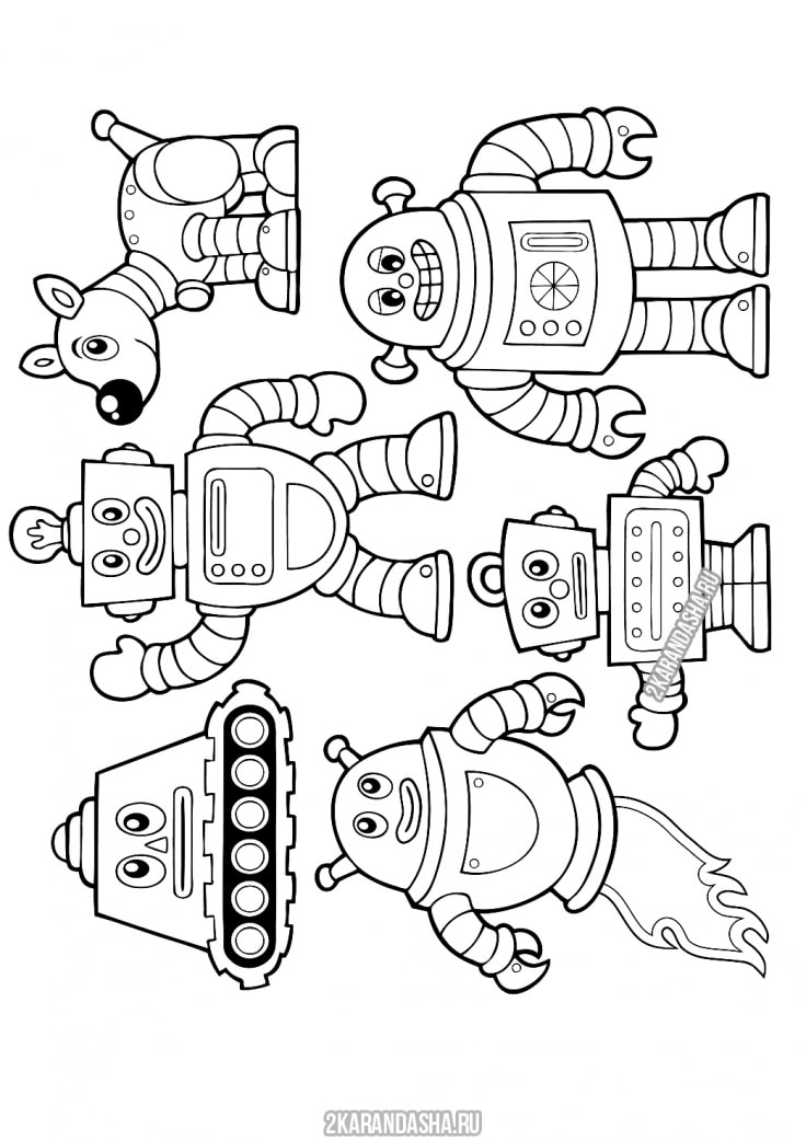 Раскраска онлайн Много разных роботов бесплатно