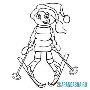 Распечатать раскраску девочка на лыжах зимний спорт на А4
