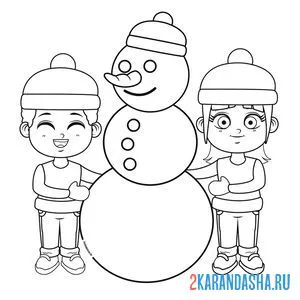 Распечатать раскраску дети и снеговик на А4