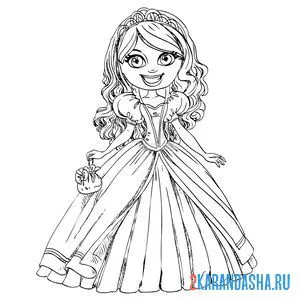 Раскраска принцесса в пышном платье и с сумочкой онлайн