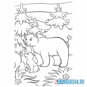 Распечатать раскраску мама медведь учит малыша есть на А4