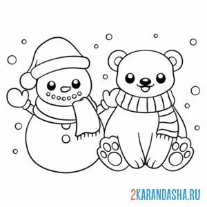 Раскраска медведь и снеговик онлайн