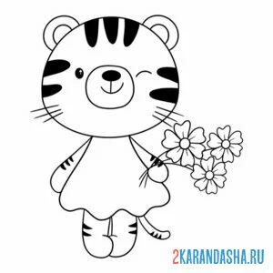 Раскраска тигрица с цветами онлайн
