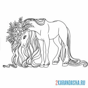 Раскраска единорог длинная грива и цветы онлайн