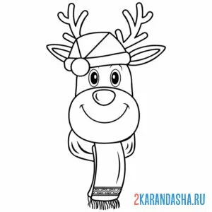 Раскраска голова новогоднего оленя в шарфе онлайн