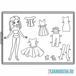 Раскраска кукла из бумаги для вырезания с одеждой онлайн