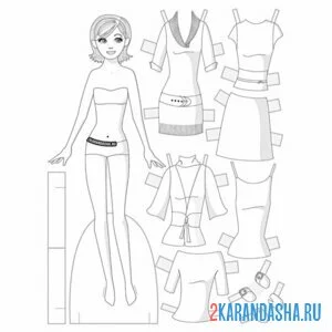 Раскраска кукла из бумаги для вырезания с одеждой платья онлайн