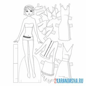 Раскраска кукла из бумаги для вырезания с одеждой юбки онлайн