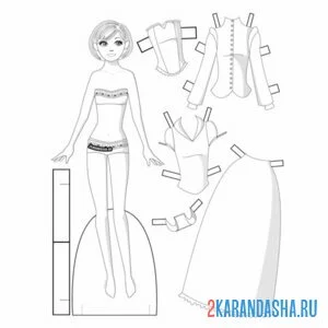 Раскраска кукла из бумаги для вырезания с разнообразной одеждой онлайн