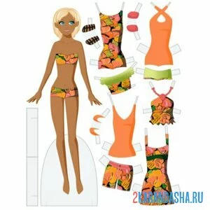 Распечатать раскраску бумажная кукла и летняя цветная одежда на А4