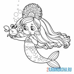 Раскраска русалка-принцесса и краб онлайн