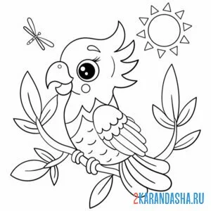 Раскраска попугайчик на ветке онлайн