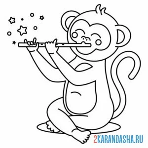Распечатать раскраску обезьянка играет на флейте на А4