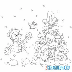 Раскраска снеговик и синичка онлайн