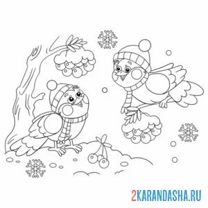 Раскраска зима и снегири онлайн