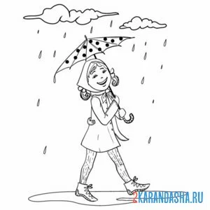 Распечатать раскраску девочка под дождем и зонтом на А4