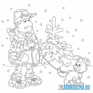 Распечатать раскраску прогулка с собакой в снег на А4