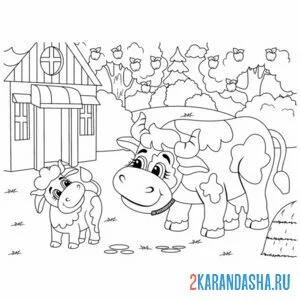 Распечатать раскраску веселая корова и теленок на А4