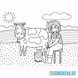 Распечатать раскраску девушка доит корову на А4