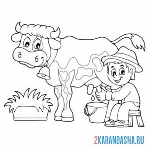 Распечатать раскраску мальчик доит корову на А4