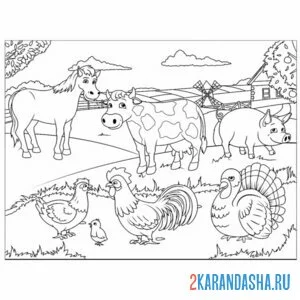 Распечатать раскраску ферма с животными на А4