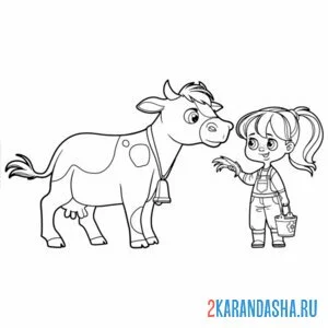 Распечатать раскраску девочка и корова на А4