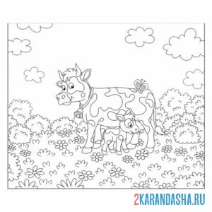 Распечатать раскраску коровка и теленок на А4