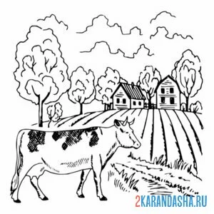 Раскраска корова гуляет онлайн
