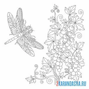 Раскраска арт стрекоза и цветы онлайн